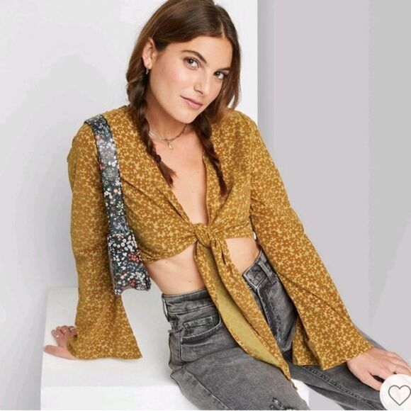 2/$30 Wild Fable Bell Long Sleeve Tie-Front Blouse Mustard Yellow Floral - Picture 1 of 11